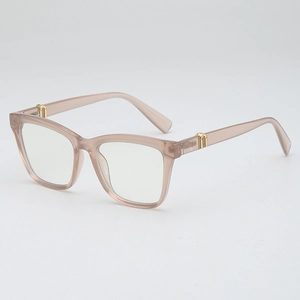 Square beige transparent eyeglasses frames with gold metal U-shaped hinge details