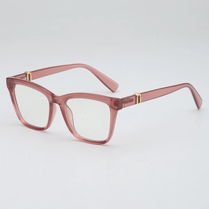 Stylish square pink translucent frame glasses with golden metallic accent for women