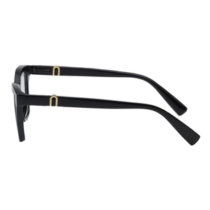 Classic black square frame glasses with golden n-shaped metal detail on the temple