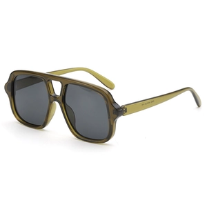 Fashionable double-bridge aviator sunglasses with olive green frames and grey lenses