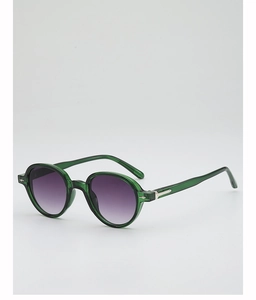 Detail view of round candy green sunglasses with purple gradient lenses and silver metal hinges