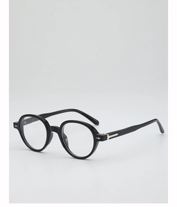 Close-up of retro round black acetate frame with silver arrow metal temple details