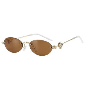Oval rimless sunglasses with brown lenses and crystal-encrusted gold metal temples