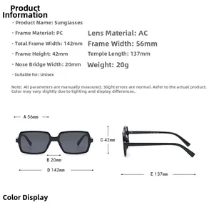 Detailed size chart for square sunglasses showing frame dimensions and PC material specs