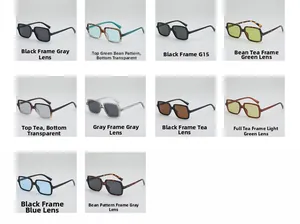 Grid view of large square sunglasses in various colors like black, tortoiseshell and clear