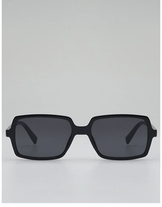Front view of black rectangular sunglasses with thick frames and dark gray lenses