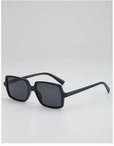 Detail view of matte black oversized square sunglasses with dark grey tinted lenses
