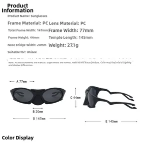 Detailed size chart for sports sunglasses showing frame width and temple length in mm