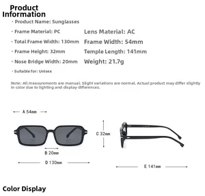 Detailed dimension chart showing sizes for square PC frame sunglasses with AC lenses