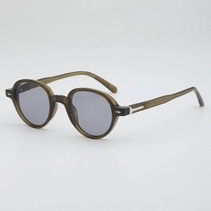 Retro round olive green sunglasses with grey lenses and silver diamond rivet details