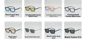Matrix showing 8 color options for square frame sunglasses with various lenses