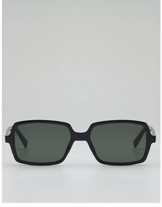 Front view of classic oversized square sunglasses with black frame and dark green lenses