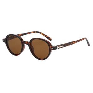 Retro round tortoise shell sunglasses with dark brown lenses and metal temple detail