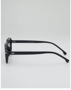 Close-up of black square sunglasses frame showing the silver metal hinge detail
