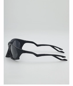 Side view of matte black polarized sports sunglasses with hollow temple and geometric frame
