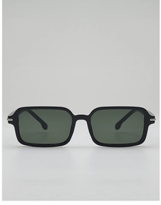 Detailed view of square black sunglasses with silver accents and dark lenses