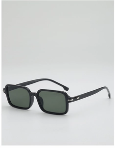 Detail shot of black rectangular sunglasses featuring sleek silver metal temple accents