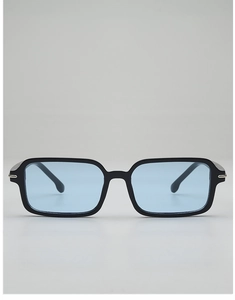 Front view of rectangular black sunglasses with light blue lenses and silver metal accents
