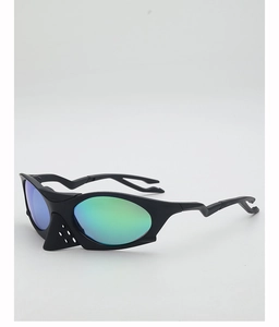 Detail of polarized sports sunglasses showing lightning-shaped temples and vented nose bridge