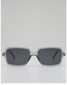 Detail view of square gray transparent acetate frames with dark polarized lenses