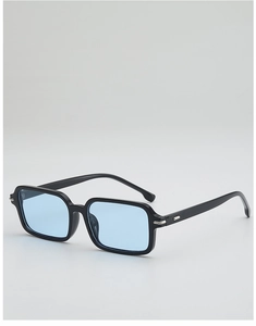 Close-up of square black frame sunglasses with light blue lenses and silver metal hinges