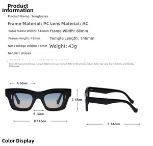 Detailed sizing chart for square frame sunglasses with PC frame and AC lens dimensions