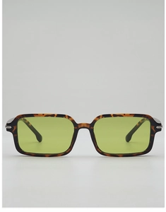 Macro detail of tortoiseshell rectangle sunglasses with translucent green lenses