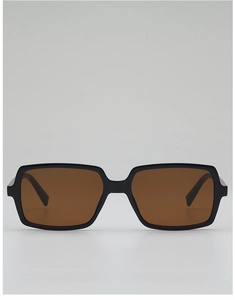 Front view detail of retro square sunglasses featuring black frames and brown lenses