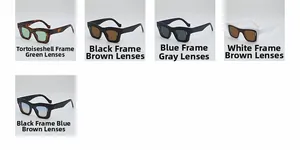 Detail view of square sunglasses collection in tortoiseshell, black, blue, and white frames