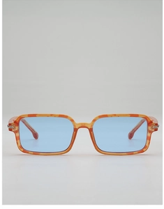 Close-up of square sunglasses with leopard print orange frames and light blue lenses