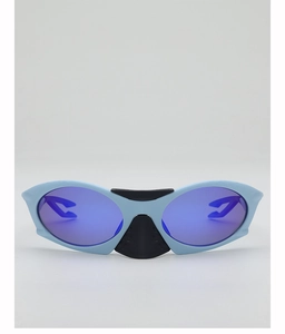 Futuristic polarized sports sunglasses with light blue frame and purple mirrored lenses