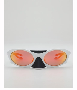 Front view of white sports sunglasses with orange mirrored lenses and rubber nose pads