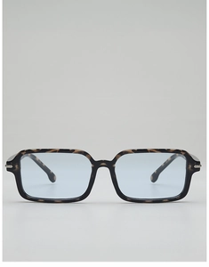 Detail of tortoise frame rectangle sunglasses with blue lenses and silver metal hinges