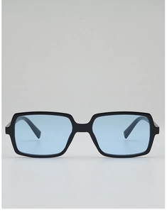 Detailed close-up of thick black rectangular frames with translucent light blue lenses
