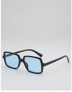 Detail view of square black sunglasses frame with stylish light blue lenses