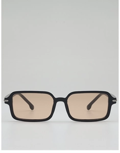 Detail view of retro square black sunglasses with brown lenses and silver hinge accents