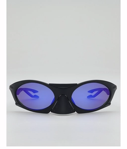 Close-up of sporty black matte frames with vibrant blue polarized mirror lenses