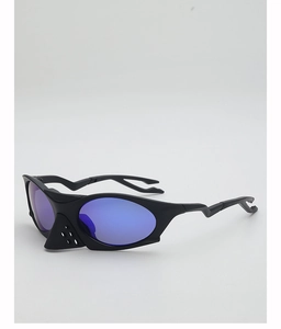Side view of matte black sports sunglasses with futuristic blue mirrored polarized lenses