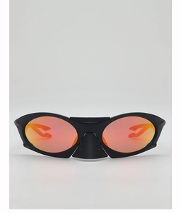 Detail of trendy sports sunglasses with black frames and orange mirrored polarized lenses