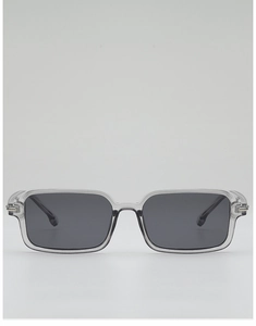 Close-up of rectangular transparent gray sunglasses with silver metal hinge accents