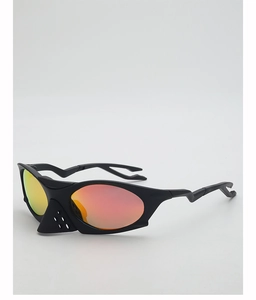 Detail of matte black sports sunglasses with gradient orange lenses and lightning temples