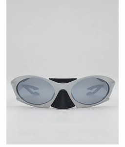 Front view of matte silver futuristic sports sunglasses with sleek grey oval lenses