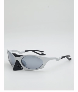 Futuristic silver sports sunglasses with black nose shield and lightning-shaped temples