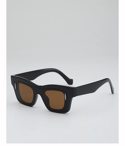 Close-up of retro square frame sunglasses with thick black frames and silver pin accents