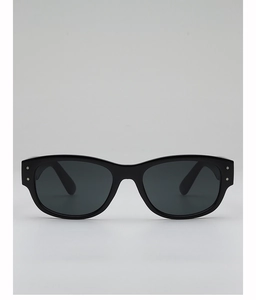 Close-up of retro black square sunglasses with silver double rivets and dark grey lenses