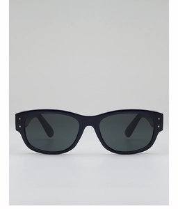 Detail of classic black square frame sunglasses with signature silver rivets on the temples