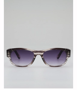 Detail of retro small frame sunglasses with dark purple gradient lenses and marble texture