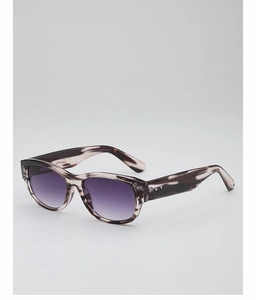 Detail of tortoise frame sunglasses with purple gradient lenses and metal rivet hinges