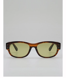 Macro detail of retro tortoise shell frames with silver stud accents and yellow lenses