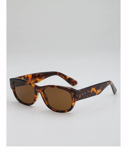 Close-up of tortoise shell frame sunglasses with brown lenses and silver rivet accents